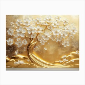 3d Golden Tree with White Flowers 5 Canvas Print