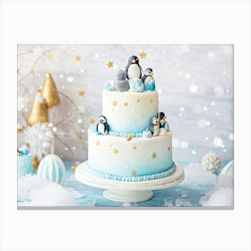 Penguins On A Cake 1 Canvas Print