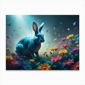 Blue Rabbit In A Field Of Flowers At Night, Butterflies Flying Around Canvas Print