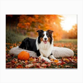 Autumnal Backdrop Transitioning Into Winter An American Border Collie Sits On A Bed Of Fallen Leave Canvas Print