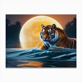 Colorful Minimal Art of Bengal Tiger Cross a River at Full Moon Canvas Print