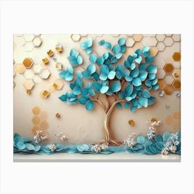 Serene 3d Tree, Turquoise And Blue Leaves, Soft Brown Shades, Colorful Hexagons, Simple Floral Background Canvas Print