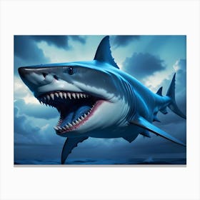 Close Up Of A Great White Shark With Its Mouth Open, Revealing Sharp Teeth, Against A Stormy Ocean Backdrop Canvas Print