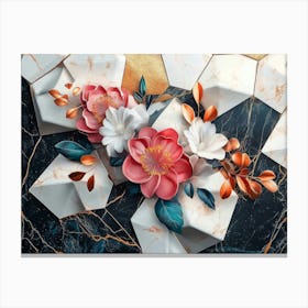 Elegant 3d Marble Texture Pattern Geometric Polygon Shape with Flowers Canvas Print