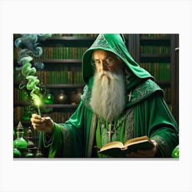 Green old wizard, conjuring, experimenting, alchemy, doing magic 2 Canvas Print