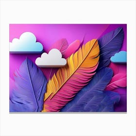 Vibrant 3d Geometric Purple Feathers and Tranquil Clouds Toile