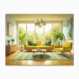 Modern Living Room With Yellow Furniture And Green Accents Canvas Print