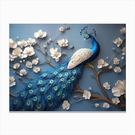 3d Artwork Background Blue Peacock on Branch 1 Canvas Print