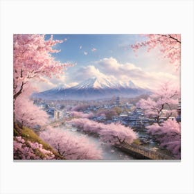 Sakura Serenity: A Pastel Dream of Cherry Blossoms and Snowy Peaks Canvas Print