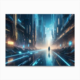 A Futuristic Cityscape With A Lone Figure Walking Down A Glowing Road Canvas Print