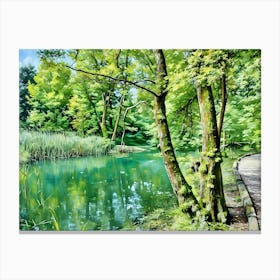 Serene River Landscape. The image depicts a tranquil river scene with lush greenery and a clear blue sky. A winding path leads through a forest of tall trees with vibrant green leaves, bordering the river. The water reflects the sky and surrounding foliage, creating a mirror-like surface. In the foreground, a weathered tree stump stands beside the path, adding a touch of rustic charm. Leinwandbild