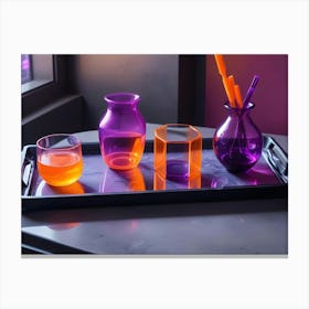 A Still Life Image Of A Tray With A Glass Of Orange Juice, A Purple Vase, A Clear Glass Hexagon, And Another Purple Vase With Orange Stems, All Set On A Reflective Surface With Pink And Purple Lighting Canvas Print