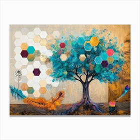 Turquoise Tree And White Lattice on Oak, With Multicolored Hexagons and Feather Accents Canvas Print