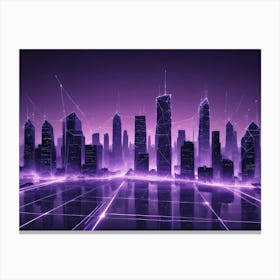 An Illustration Of A Futuristic Cityscape With Tall Buildings Rendered In Blue Lines Canvas Print