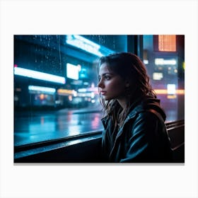 Pensive Woman Sitting At A Rainy Bus Shelter Neon Lights Creating A Glow On Her Contemplative Face Canvas Print