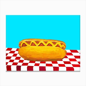 Hot Dog With Mustard on Red Check Blue Canvas Print