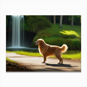 Golden Retriever Standing By Waterfall Canvas Print