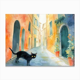 Black Cat In Ancona, Street Art Watercolour Painting 4 Canvas Print