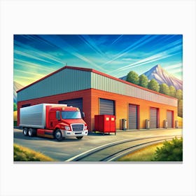 Red Semi Truck In Front Of Warehouse With Mountains In The Background Canvas Print