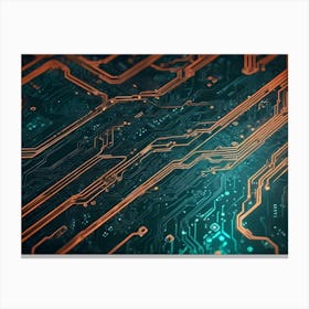 Abstract Close Up Of A Circuit Board With Intricate Patterns And Glowing Orange And Green Lines Canvas Print