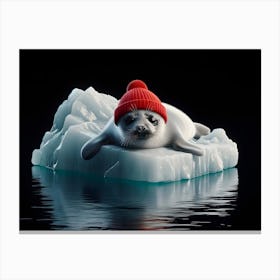 Baby Seal with red beanie On Iceberg Canvas Print