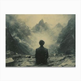 Typographic Illusions in Surreal Frames: Man In The Mountains Canvas Print