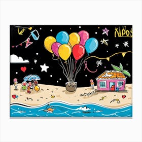 An Illustrated Idea Of A Birthday Party On The Beach Cartoon Valentine Balloons Hand Drawn Vector (4) Canvas Print