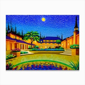 A picture of a bright mosaic of a house made up of several buildings, with a beautiful mosaic in the middle of the buildings. The moon shines on it in the evening. Canvas Print