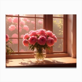 A Vase Of Pink Peonies On A Windowsill With Sunlight Streaming In, Creating A Charming And Romantic Scene Canvas Print