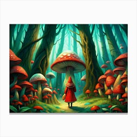 Little Red Riding Hood In Mushroom Forest Canvas Print