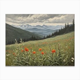 Vintage Oil Painting of indian Paintbrushes in a Meadow, Mountains in the Background 9 Canvas Print