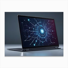 A Laptop Is Shown Open With A Futuristic, Blue And White Interface Depicting Data And A Central Icon, Representing Digital Security And Technology Canvas Print