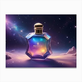 A Glass Bottle Of Perfume With A Golden Cap, Standing On A White Surface Against A Background Of A Galaxy With Stars Canvas Print