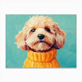 Goldendoodle In Yellow Sweater And Blue Background Canvas Print