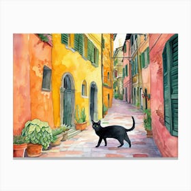 Black Cat In Modena, Italy, Street Art Watercolour Painting 1 Canvas Print