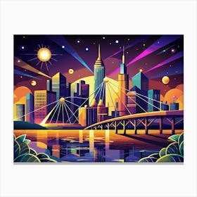 Vibrant Cityscape At Sunset With Bridge And River Canvas Print