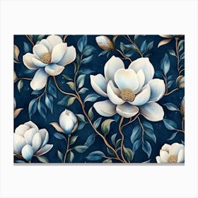 Luxurious Dark Blue Watercolor Artwork Features Exotic Magnolia Flowers In A Seamless, Baroqueinspired 3d Floral Canvas Print