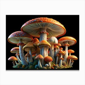 Group Of Colorful Mushrooms On Black Background Canvas Print