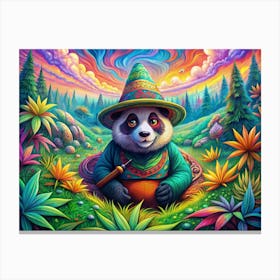 Panda Wearing A Hat Relaxing In A Colorful Landscape Canvas Print