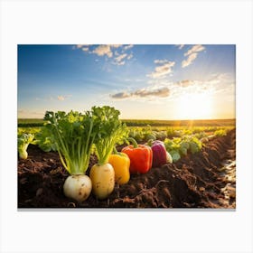 A Variety Of Fresh Vibrant Vegetables Sprouting From Rustic Soil Bathed In The Golden Hour Sunligh Canvas Print