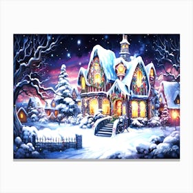 Pink Sunset Christmas - Christmas House At Nightfall Canvas Print