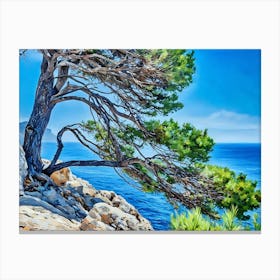 Mediterranean Coastline. A lone tree with thick, gnarled branches leans dramatically over a rocky cliff, its green foliage framing a breathtaking view of the azure Mediterranean Sea. The sky is a vibrant blue, contrasting with the deep blue of the water. The rocky terrain suggests a rugged and wild coastline, while the tree's graceful form adds a touch of serenity to the scene. Canvas Print