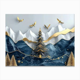 3d Modern Art With Blue Night Landscape With Dark Mountains, Giant Golden Tree And Gold 2 Canvas Print