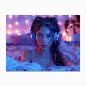 Beautiful Young Woman Listening To Music In Bed Canvas Print