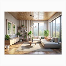 Modern Living Room With Wooden Elements Canvas Print