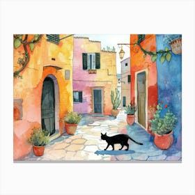 Black Cat In Puglia, Italy, Street Art Watercolour Painting 1 Canvas Print