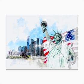 New York City And Statue Of Liberty Canvas Print