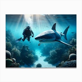 Scuba Diver And Great White Shark 6 Canvas Print