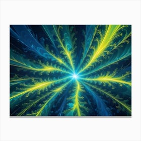 An Abstract Fractal Image Featuring Swirling, Glowing Lines And Shapes In Shades Of Blue And Yellow On A Dark Background Canvas Print