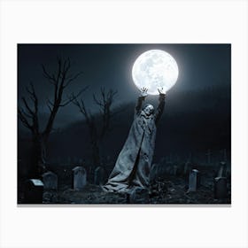 Full Moon Casting Eerie Glow On An Undead Figure Hands Clutching Out From The Dark Soil As Its Grav (1) 2 Canvas Print